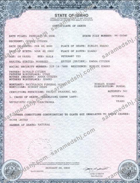 USA state Idaho death certificate template in PSD format